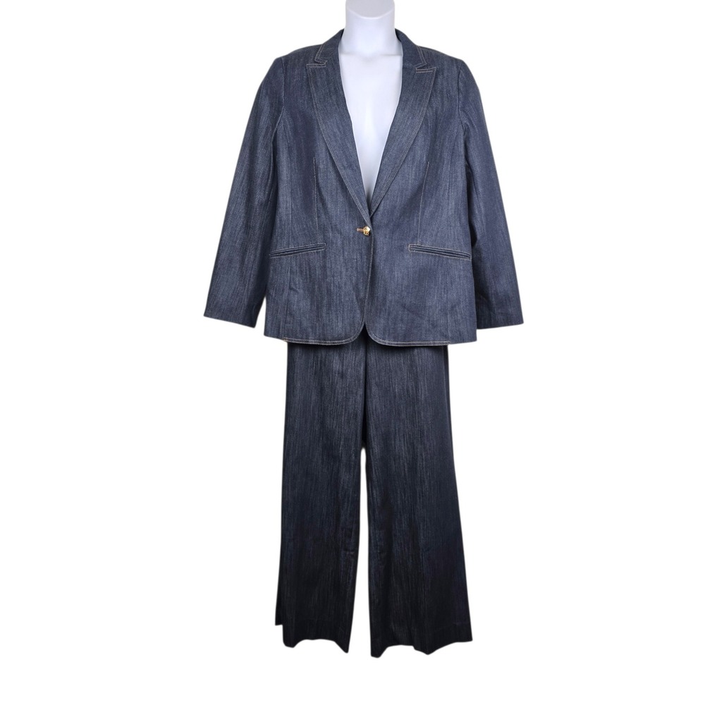 Talbots Womens Dark Wash Denim Blazer Trouser Pants 2-Piece Suit Set Size 14 NWT